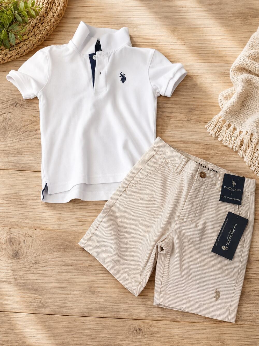 U.S. Polo Assn. Boys Outfit XS 4/5 White Polo & NWT Flat Front Shorts Size 7
